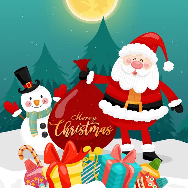 산타, 눈사람, 선물 상자와 함께 메리 크리스마스 카드.