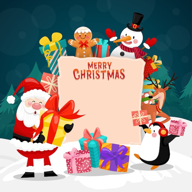 Merry Christmas card with santa, snowman, penguin and gift box.