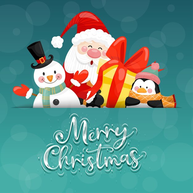 Merry Christmas card with santa, snowman, penguin and gift box.