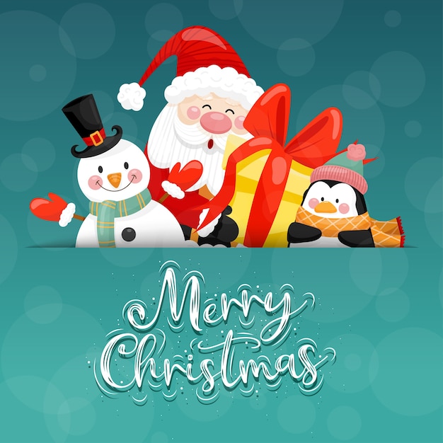 С Рождеством Христовым открытка с Дедом Морозом, снеговиком, пингвином и подарочной коробкой.
