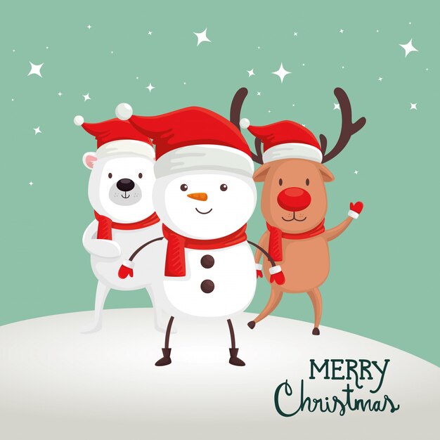 Merry christmas card with snowman and animals