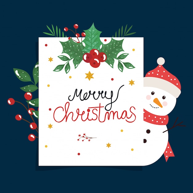 Merry christmas card with snowman and leafs decorative