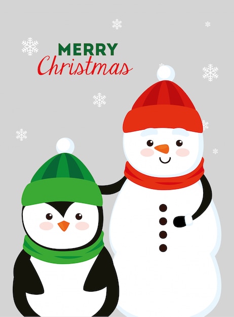 Merry christmas card with snowman and penguin