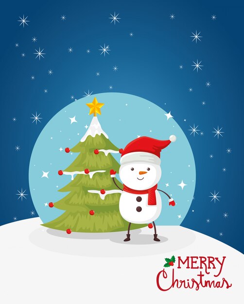 눈사람와 소나무 메리 크리스마스 카드