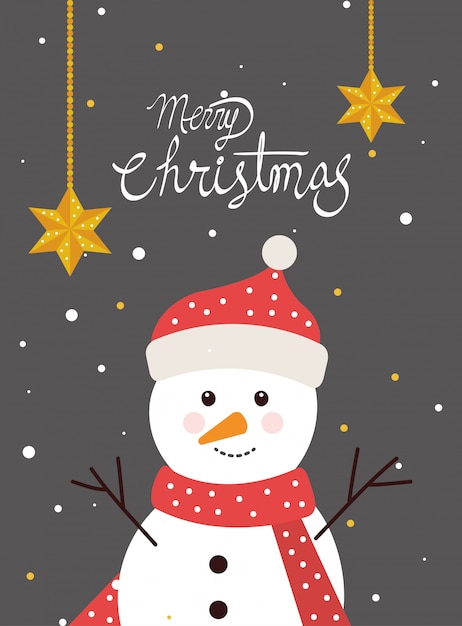 Merry christmas card with snowman in winter landscape
