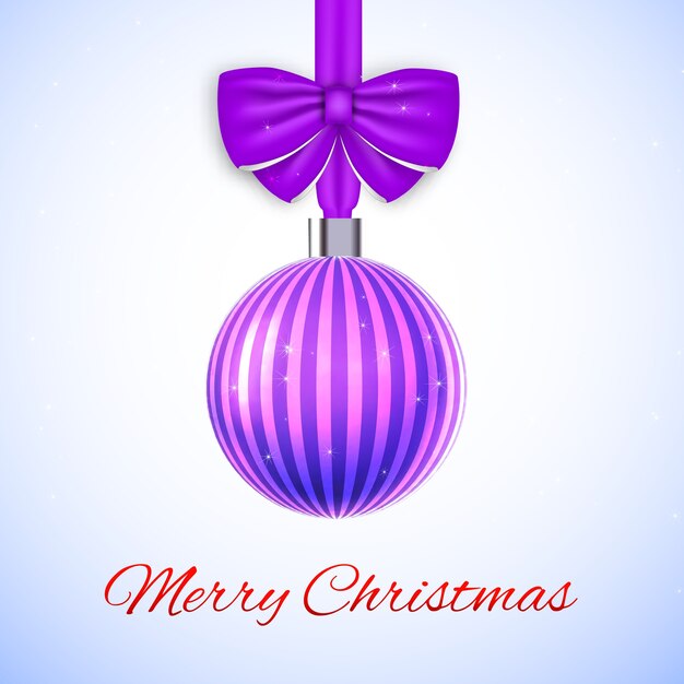 Веселая рождественская открытка с фиолетовым полосатым шаром и бантом