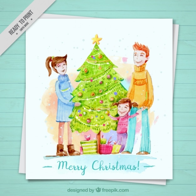 Vettore gratuito merry christmas card con acquarello scena famiglia felice
