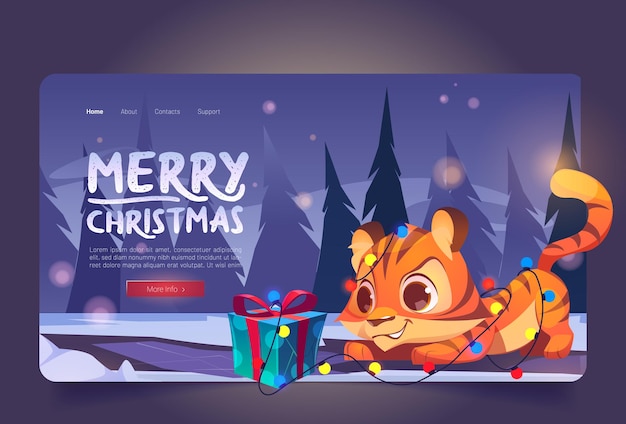 Merry christmas cartoon landing page. cute tiger character wrapped in garland hunting on gift box in winter forest. wild funny kitten animal cub, kawaii 2022 chinese zodiac symbol, vector web banner