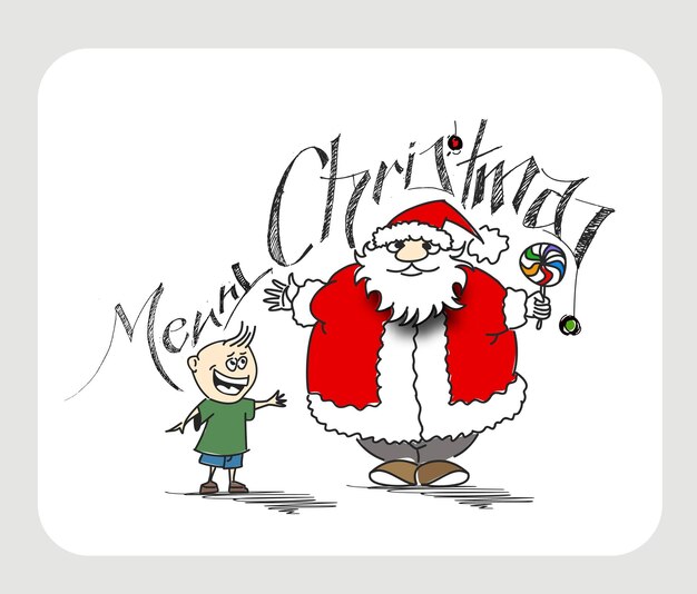 メリークリスマス！小さなかわいい赤ちゃんとキャンディーを保持している漫画スタイルの面白いサンタクロース、ベクトル図