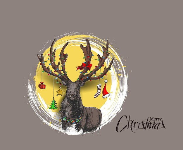 Merry Christmas! Cartoon Style Hand Sketchy Drawing of Reindeer, Vector illustration