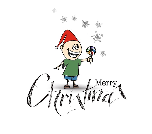 Merry Christmas! Cartoon Style Little Cute Baby Holding Candy, vector illustration