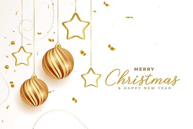 Merry christmas celebration greeting with balls and golden stars