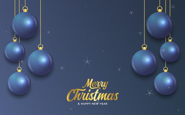 Merry Christmas dark blue banner with balls Christmas card Vector Illustration