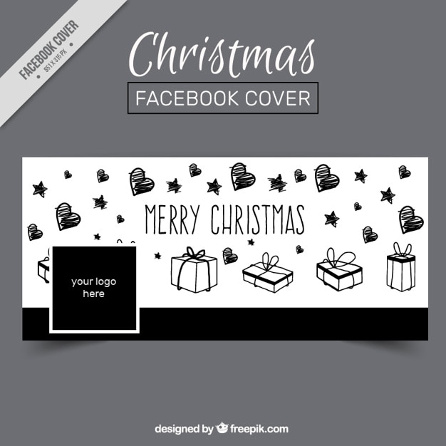 Merry christmas facebook cover with sketches of hearts and gifts