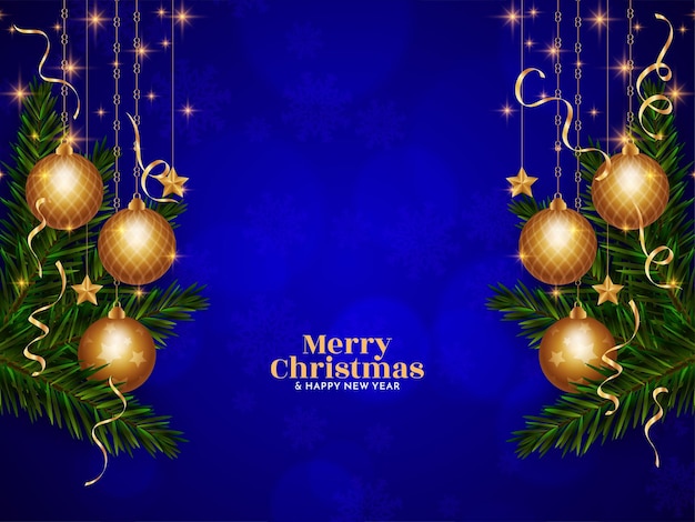 Бесплатное векторное изображение Счастливого рождества фестиваль синий фон дизайн с золотыми шарами
