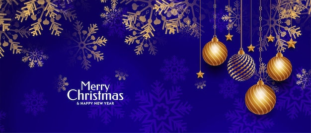 Free vector merry christmas festival blue banner with golden christmas balls vector