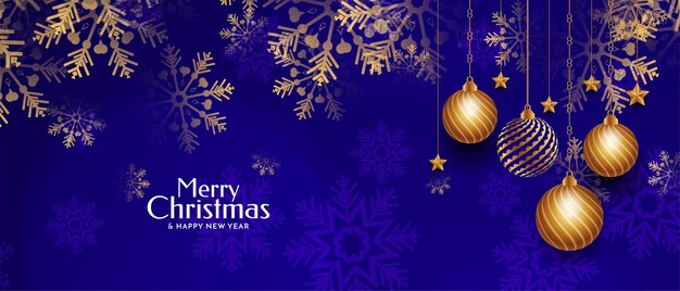 Merry Christmas festival blue banner with golden Christmas balls vector