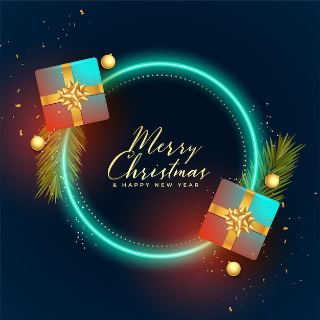 Merry christmas festival card with neon frame and gift boxes