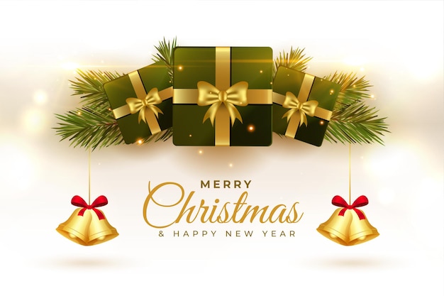 Merry christmas festival wishes card with gift boxes and bell