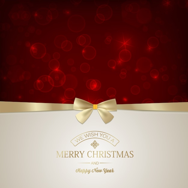 Free vector merry christmas festive card with inscription and golden ribbon bow on red glowing stars