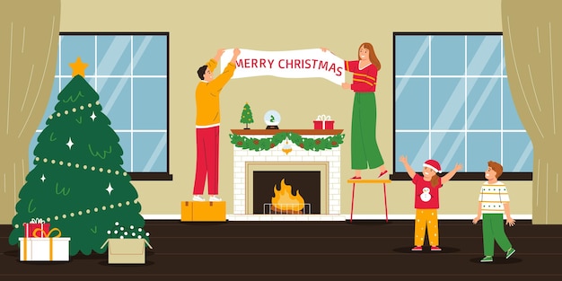 Free vector merry christmas flat background with parents and their children decorated home room with pine and fireplace vector illustration