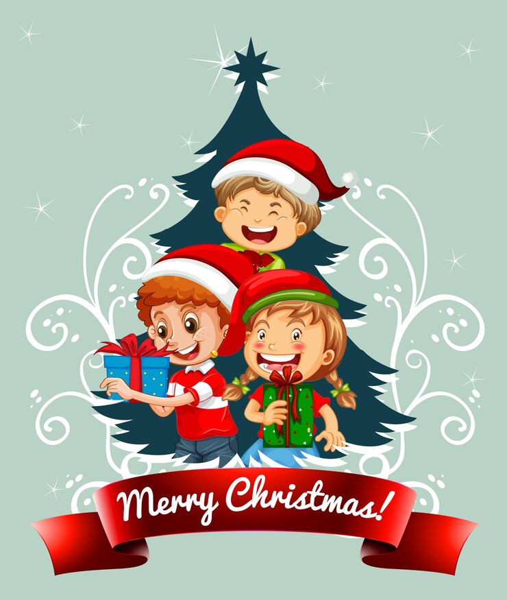Free Vector merry christmas font with children wearing christmas costume on green background