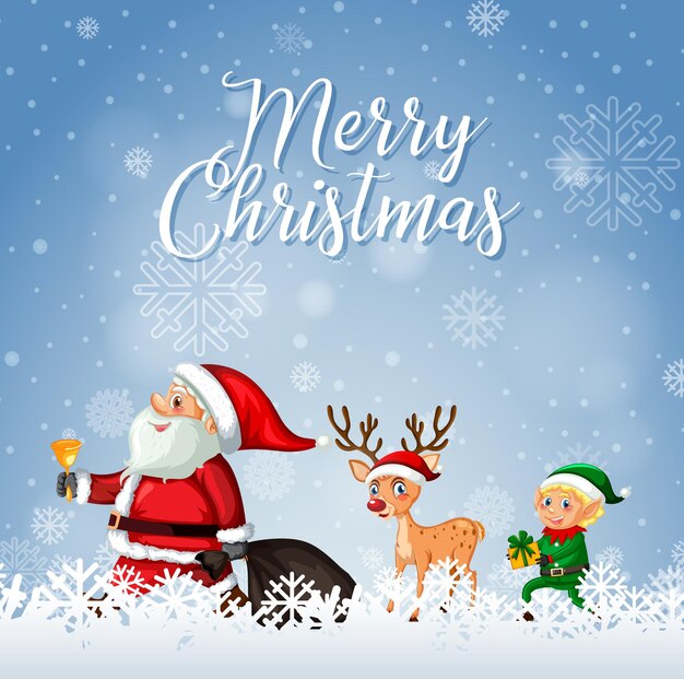 Merry Christmas font with Santa Claus and Reindeer