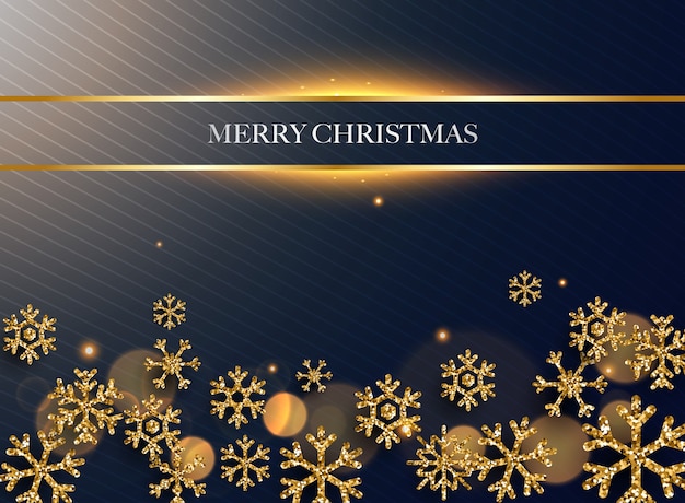 Merry christmas. golden glitter snowflakes on dark background.