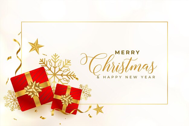 Free vector merry christmas golden and white card with red gift boxes