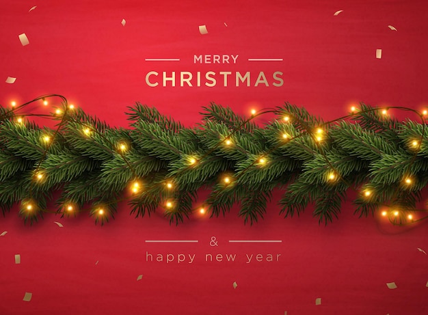 Merry christmas greeting banner with chrirstmas decor fir twigs and confetti, vector illustration.