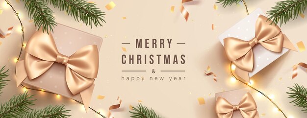 Merry christmas greeting banner with chrirstmas decor fir twigs and confetti, vector illustration.