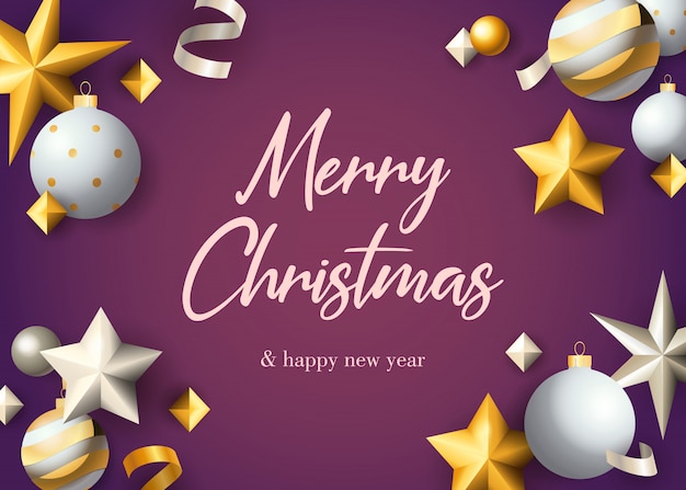 Free vector merry christmas greeting card design with baubles