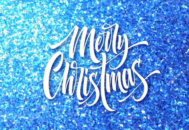 Free vector merry christmas greeting card glitter vector template. sparkle texture. xmas hand lettering with blue glitter. merry christmas calligraphic lettering and sparkle confetti effect. poster, banner design
