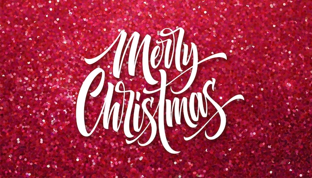 Merry christmas greeting card glitter vector template. sparkle texture. xmas hand lettering with pink glitter. merry christmas calligraphic lettering and sparkle confetti effect. poster, banner design