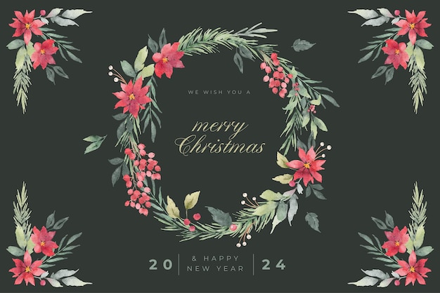 Free vector merry christmas greeting card template with hand drawn floral decoration