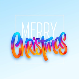 메리 크리스마스 인사말 카드 벡터 템플릿입니다. 레인보우 브러시 스트로크. 정사각형 프레임이 있는 크리스마스 유화. 크리스마스 그라데이션 아크릴 페인트 글자. 배너, 포스터 색상 3d 디자인 요소