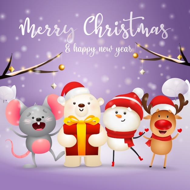 Merry Christmas greeting card with christmas characters