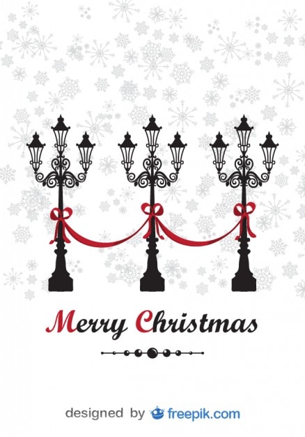Free Vector merry christmas greeting card with decorative lamppost and snowing background