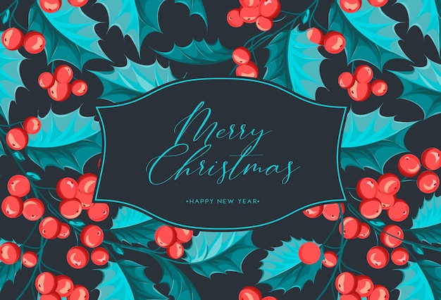 Merry christmas Greeting card with holly branches.