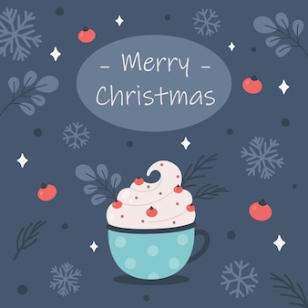 Merry christmas greeting card with hot drink christmas sweets