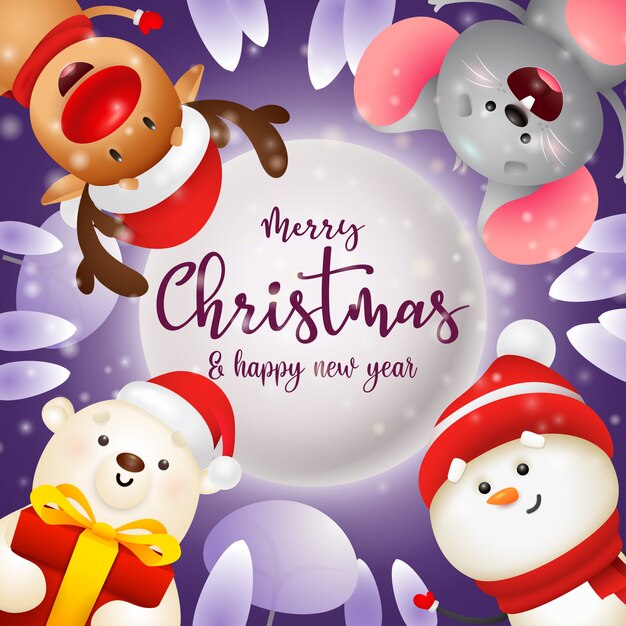 Merry Christmas greeting card with mouse, polar bear and snowman