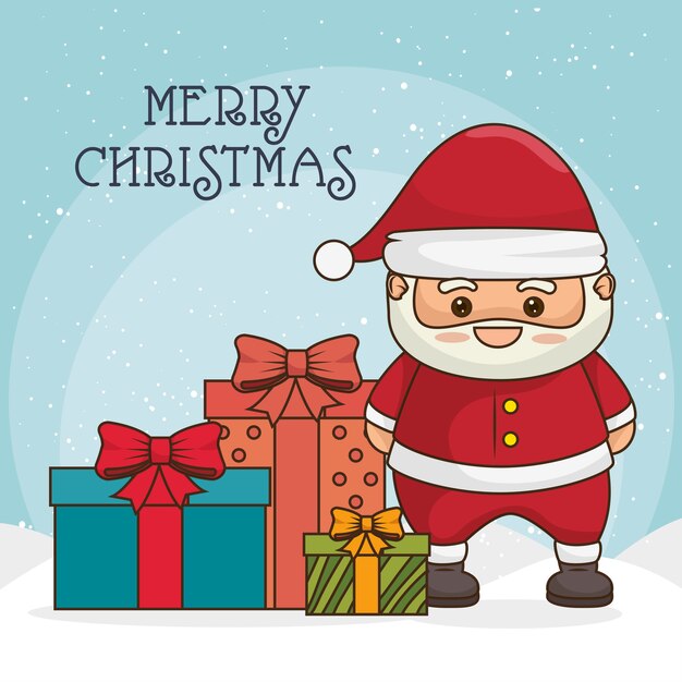 Merry christmas greeting card with santa claus character and gift boxes or presents