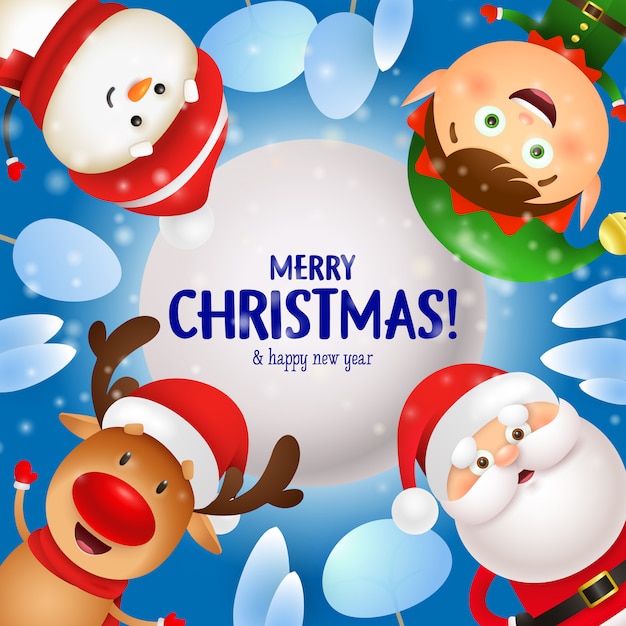 Merry Christmas greeting card with Santa Claus, reindeer, elf and snowman