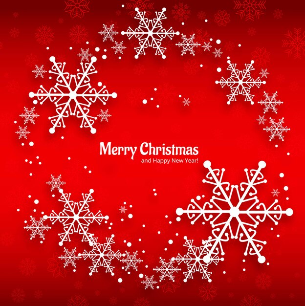 Merry christmas greeting card with snowflakes red background