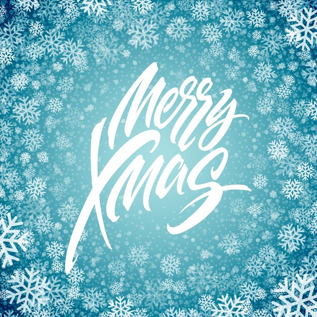 Счастливого Рождества рисованной надписи в рамке снежинки. Рождественская ледяная каллиграфия. Рождественские замороженные надписи в снегопаде. Xmas изолированные каллиграфии в круглой рамке. Баннер, зимний дизайн плаката. Вектор