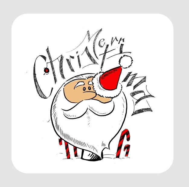 Free vector merry christmas! hand sketchy drawing of a funny santa claus holding gift bag, vector illustration