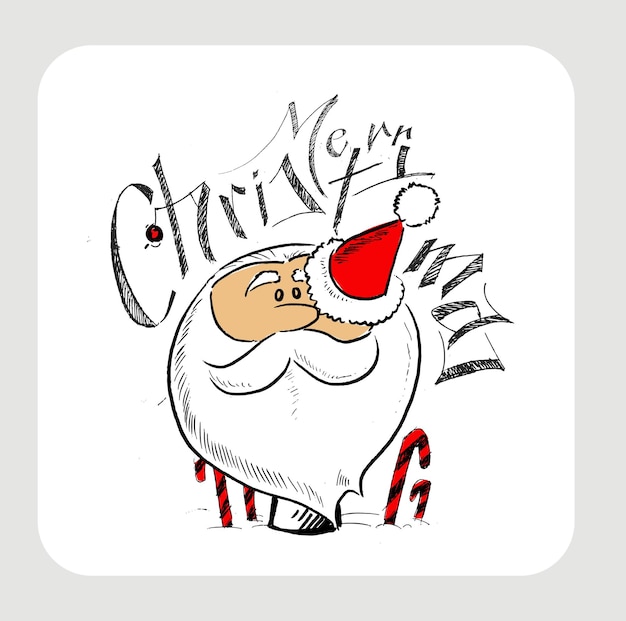 Merry Christmas! Hand Sketchy Drawing of a Funny Santa Claus Holding Gift Bag, Vector illustration