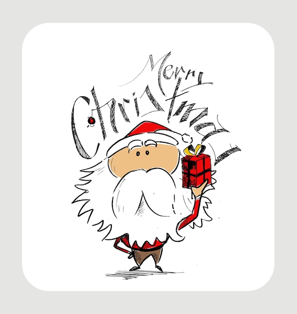 Merry Christmas! Hand Sketchy Drawing of a Funny Santa Claus Holding Gift Bag, Vector illustration