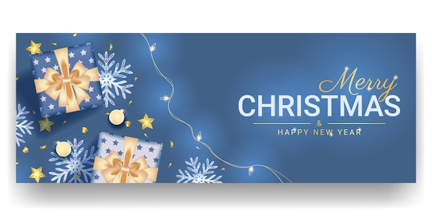 Merry christmas and happy new banner design with realistic blue decoration