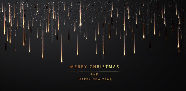 Merry christmas and happy new year background. shimmering golden particles on a dark background. abstract holiday background.